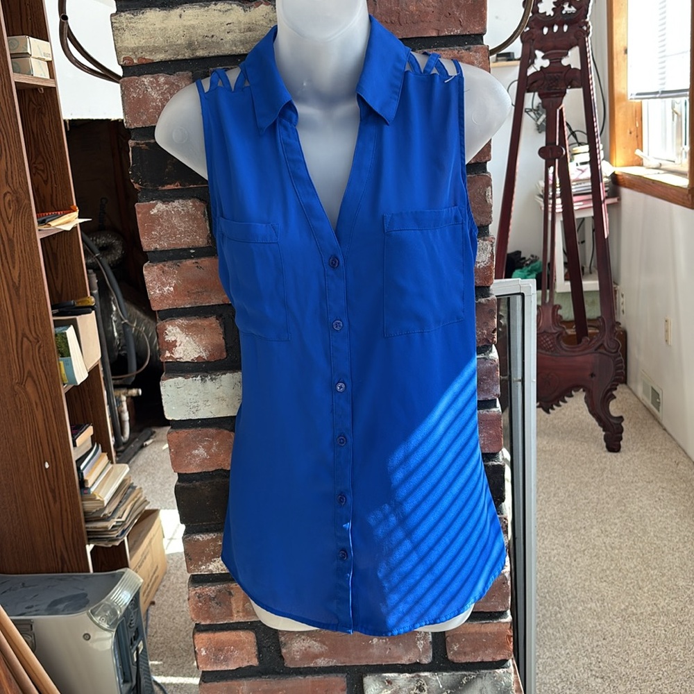Express Royal Blue Sleeveless Button Down Blouse Portofino Shirt